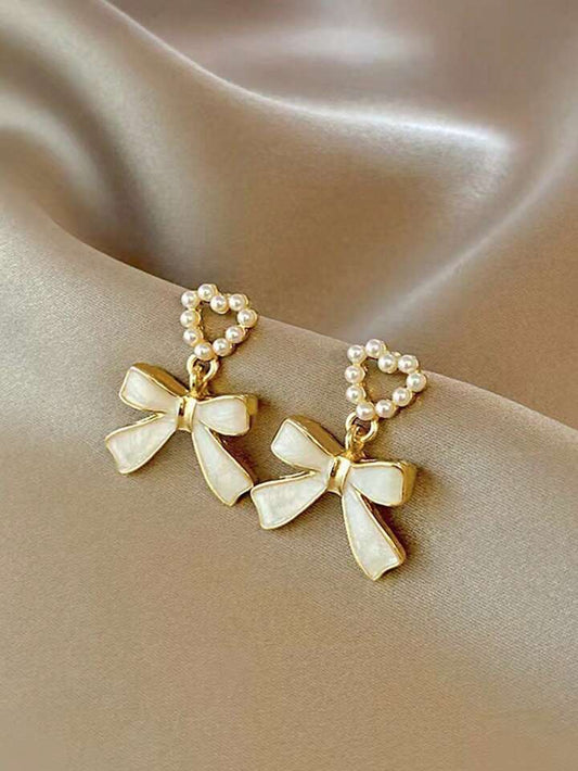 Pearl Heart & Bow Drop Earrings